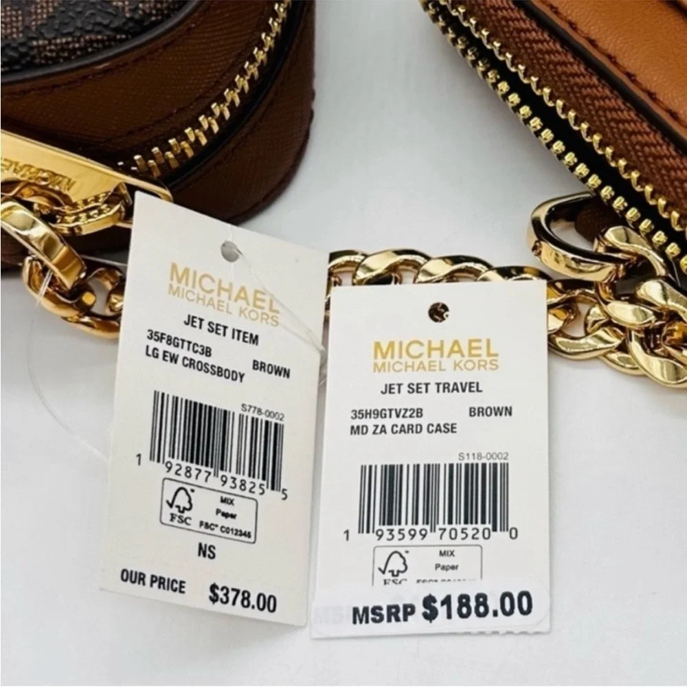 Michael Kors Large EW Crossbody Bag & Jet Set Travel ZA Card Case Wallet Brown - Picture 11 of 11